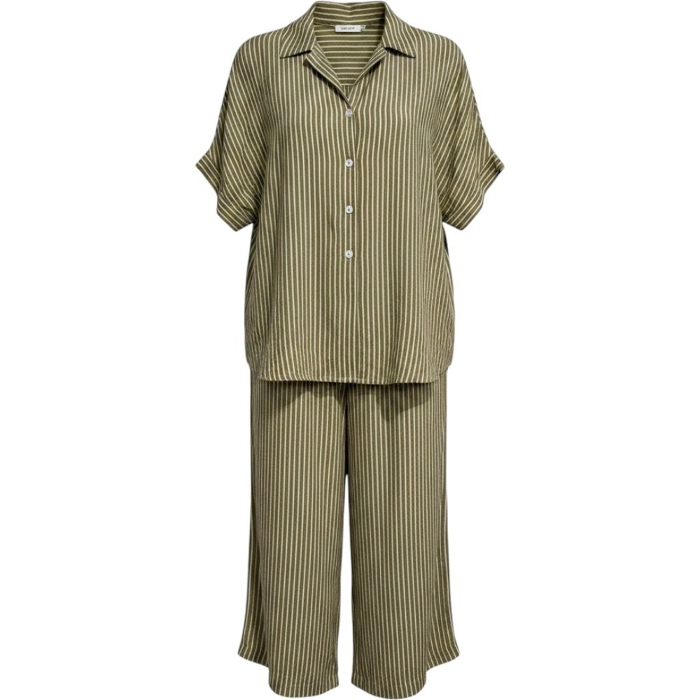 Green White Striped Two Piece Set Button Down Shirt Wide Leg Pants